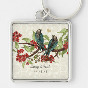 Vintage Teal Birds Red Flowers Wedding Key Chain
