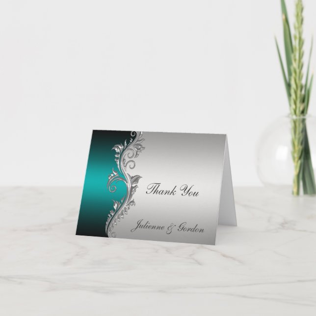 Vintage Teal Black Silver Thank You Card (Front)