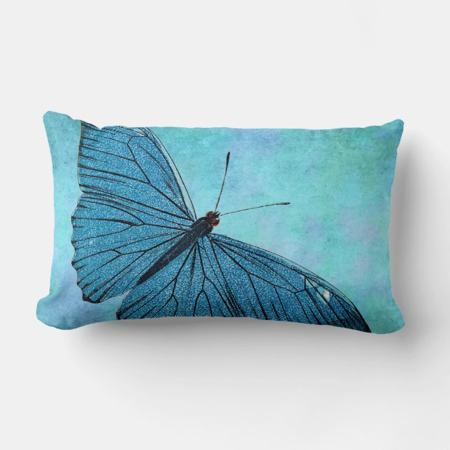 Vintage Teal Blue Butterfly 1800s Illustration Lumbar Pillow (Front)