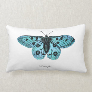 Vintage Teal Blue Butterfly Illustration - 1800's Lumbar Pillow
