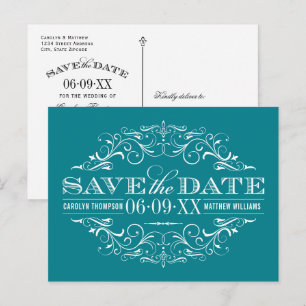 Vintage Teal Blue Flourish Wedding Save the Date Announcement Postcard