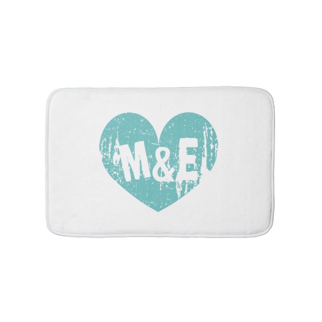 Vintage teal blue heart design monogram bath mat (Front)