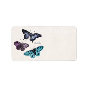 Vintage Teal Blue Purple Pink Butterfly Drawing Label