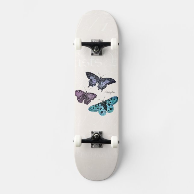 Vintage Teal Blue Purple Pink Butterfly Drawing Skateboard (Front)