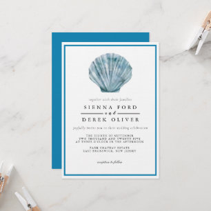 Vintage Teal Blue Single Seashell Wedding Invitation