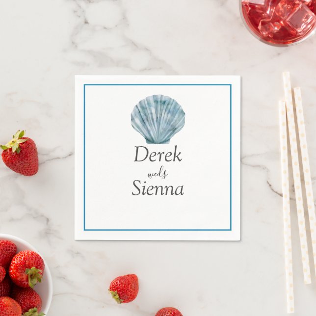Vintage Teal Blue Single Seashell Wedding Napkin (Insitu)