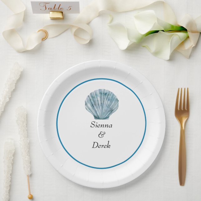 Vintage Teal Blue Single Seashell Wedding Paper Plate (Wedding)