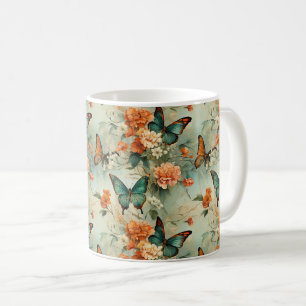 Vintage Teal Butterfly Orange Floral Garden Coffee Mug