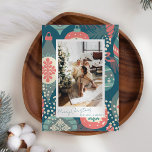 Vintage Teal Christmas Ornaments Custom Photo Holiday Card<br><div class="desc">This vintage aesthetic holiday card features your photo surrounded by a colourful teal blue and muted red ornament pattern and a trendy script typography.</div>