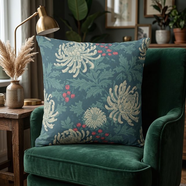 Vintage Teal Chrysanthemum Floral Pattern Throw Pillow (Creator Uploaded)