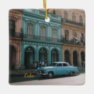 Vintage Teal Classic Car Old Havana Cuba Colonial  Ceramic Ornament
