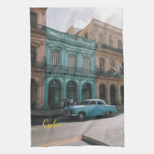 Vintage Teal Classic Car Old Havana Cuba Colonial  Kitchen Towel