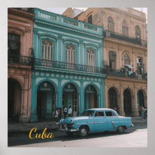 Vintage Teal Classic Car Old Havana Cuba Colonial Poster
