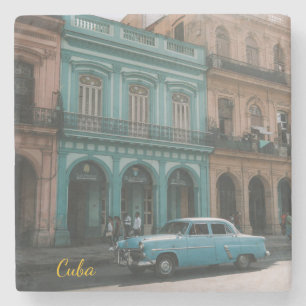 Vintage Teal Classic Car Old Havana Cuba Colonial  Stone Coaster