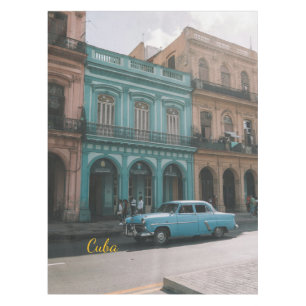Vintage Teal Classic Car Old Havana Cuba Colonial  Tablecloth