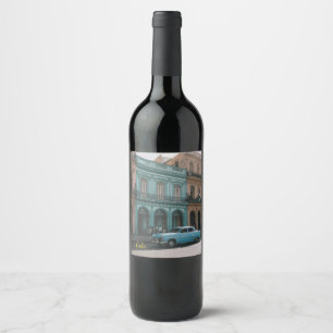 Vintage Teal Classic Car Old Havana Cuba Colonial  Wine Label