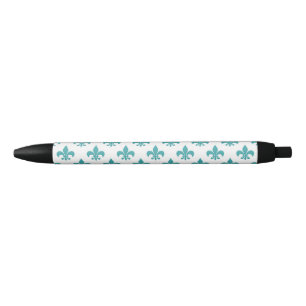 Vintage teal fleur de lis pattern black ink pen