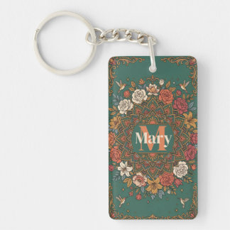 Vintage Teal Floral Mandala with Hummingbirds and Keychain