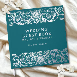 Vintage Teal Floral Silver Foil Wedding Guest Book