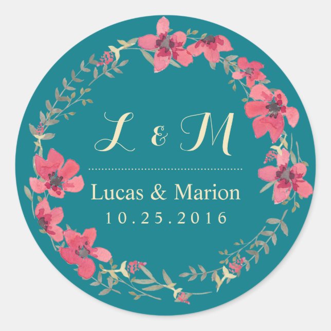 Vintage Teal Flower Leaf Wreath Monogram Sticker (Front)