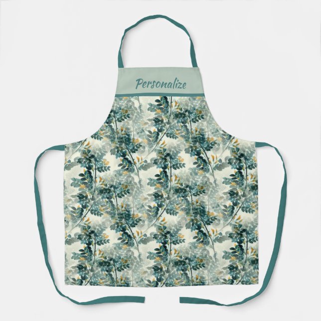 Vintage Teal Foliage Leaves Elegant Chic Design Apron (Front)