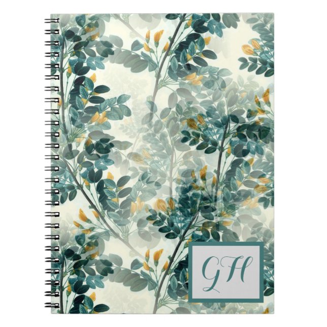 Vintage Teal Foliage Leaves Elegant Chic Design Notebook (Front)
