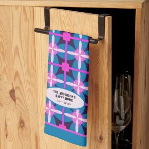 Vintage Teal Fuchsia Eggplant Geometric Pattern  Kitchen Towel