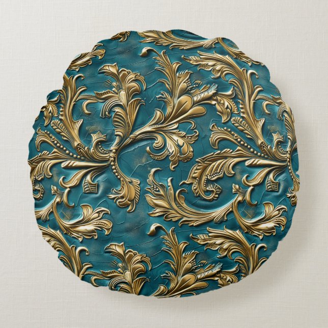 Vintage Teal gold tooled leather Round Pillow (Front)
