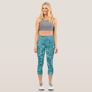 Vintage Teal Green Floral Botanical Pattern Capri Leggings