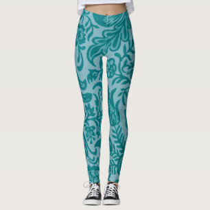Vintage Teal Green Floral Botanical Pattern Leggings