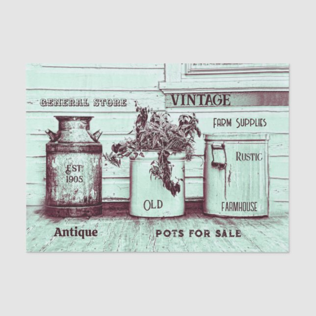 Vintage Teal Green Rustic Ephemera Jugs Tissue Paper (Front)