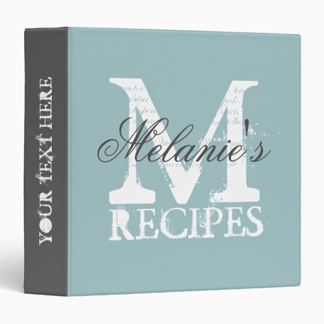 Vintage teal grey monogram recipe binder book (Front/Spine)