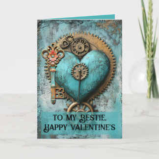 Vintage Teal Heart with Gears Steampunk Art Holiday Card
