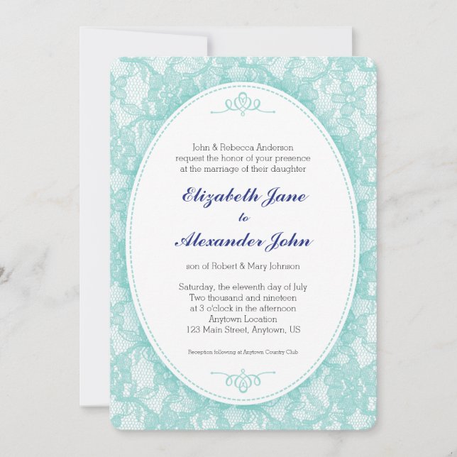 Vintage Teal Lace Background Wedding Invitation (Front)