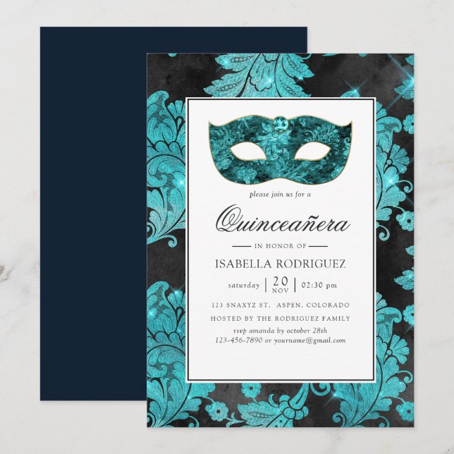 Vintage Teal Masquerade Damask Quinceañera Invitation (Front/Back)