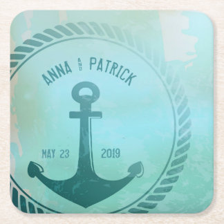 Vintage Teal Nautical Anchor Custom Wedding Favour Square Paper Coaster