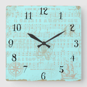 Vintage Teal Nautical Musical Sheet Square Wall Clock