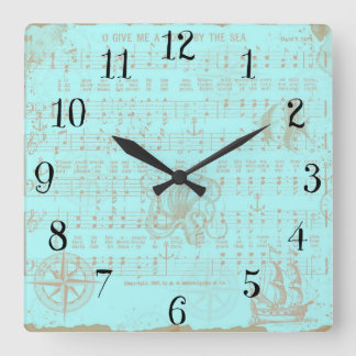 Vintage Teal Nautical Musical Sheet Square Wall Clock