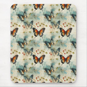Vintage Teal Orange Butterfly Botanical Mouse Pad