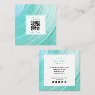 Vintage Teal Painted Abstract QR Code Social Media Square Business Card