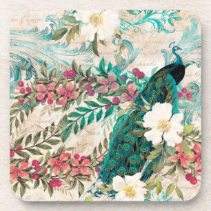 Vintage Teal Peacock and Pink Floral Coaster