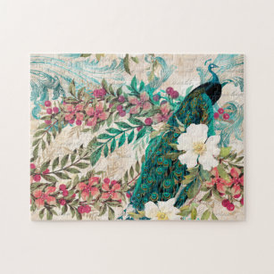 Vintage Teal Peacock and Pink Floral Jigsaw Puzzle