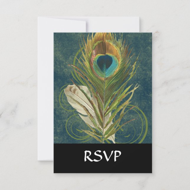 Vintage Teal Peacock Feather RSVP Card (Front)
