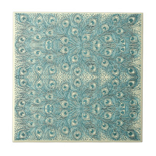 Vintage Teal Peacock Feathers Art Nouveau Pattern Tile