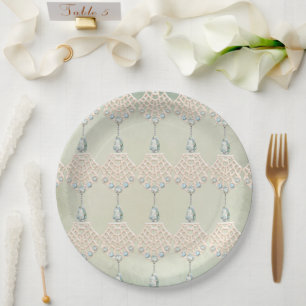Vintage teal rhinestone elegant cream lace paper plate