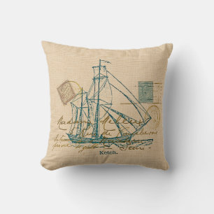 Vintage Teal Sailing Ship Nautical Pillow