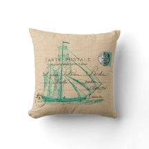 Vintage Teal Sailing Ship Nautical Pillow