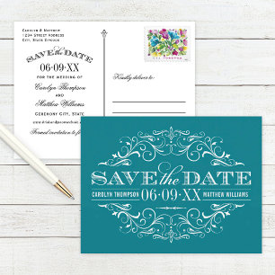 Vintage Teal Scrollwork Save the Date Announcement Postcard