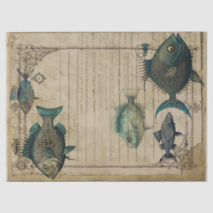 Vintage Teal Steampunk Fish Decoupage Tissue Paper