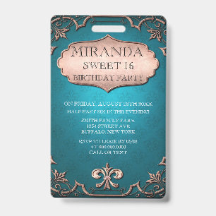 Vintage Teal Tan Scroll Sweet 16 Birthday Party Badge
